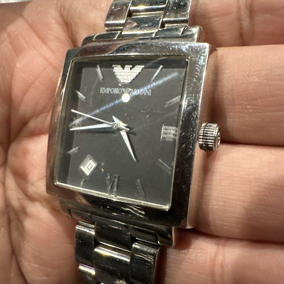 Running Emporio Armani Square Dial 34mm Mens Watch Silver Stainless Steel W Date - Picture 1 of 8